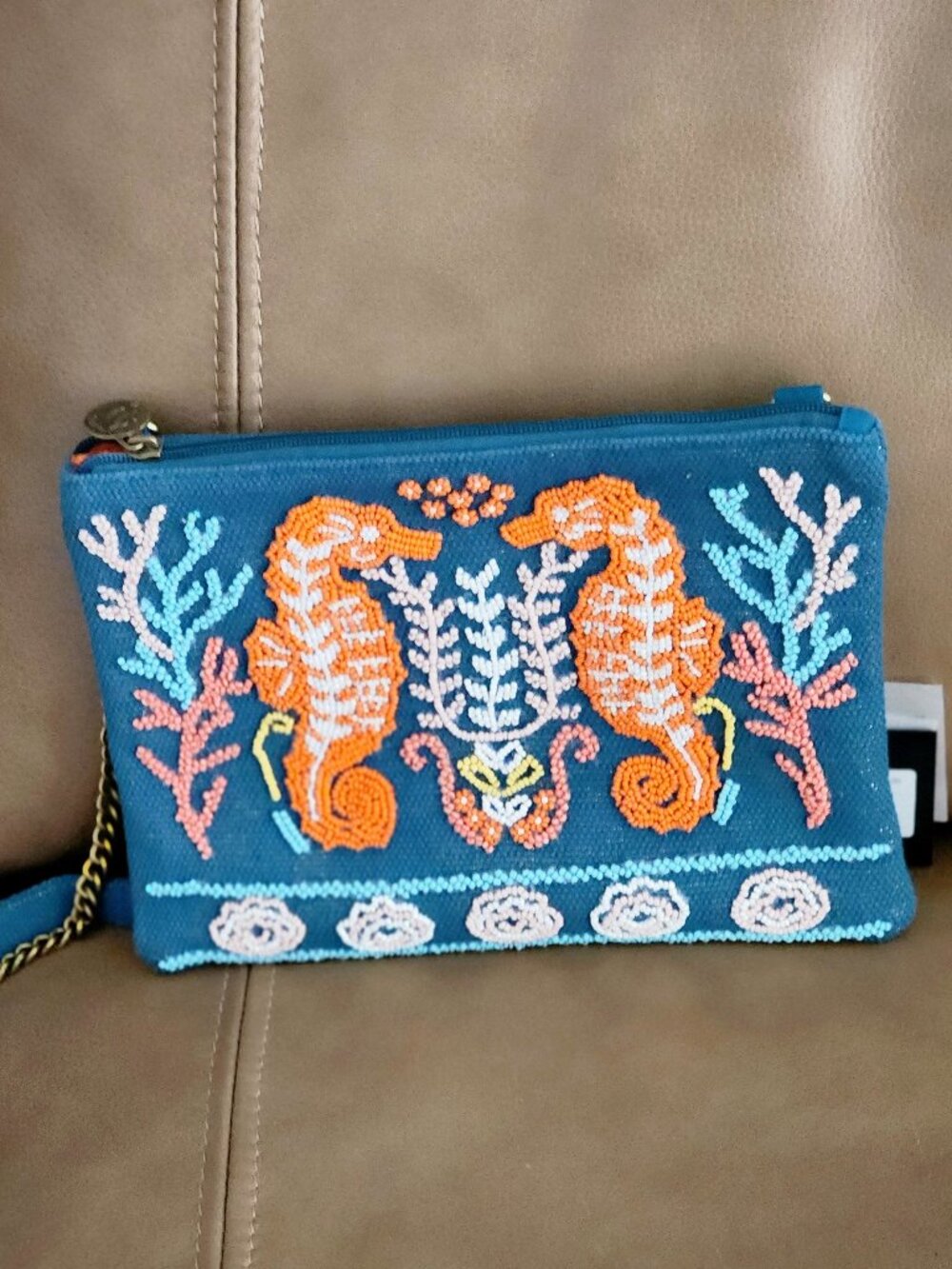 American and Beyond "Sea Horses" Embellished Top Zip Clutch